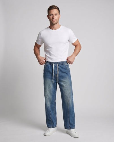 Herren Weite Denim-Palazzohose mit geschwungenen Seitennähten und Used-Wash Drune