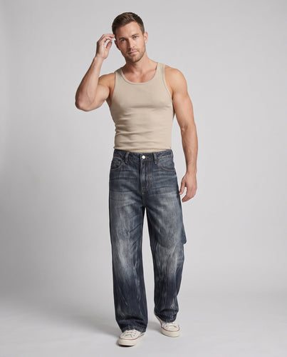 Herren Weite Schlagjeans im Vintage-Washed-Denim mit extra langem Saum Drune
