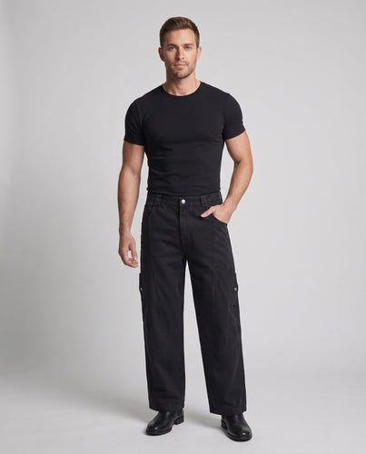 Herren Weite Utility‑Palazzo‑Cargo‑Hose aus robustem Canvas mit gerundeten Kniepaneelen und Druckknopf‑Seitentaschen Drune