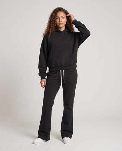 Damen Lounge-Set aus Baumwoll-Fleece mit Cropped-Kapuzenpullover und ausgestellter Jogginghose Drune