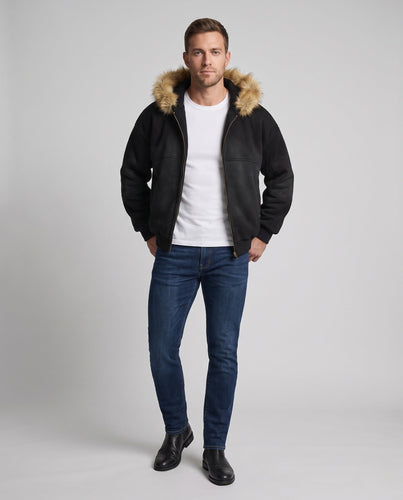 Herren Pilotjacke mit Kapuze, Kunstfellbesatz und durchgehendem Reißverschluss Drune