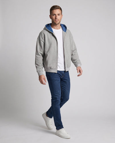 Unisex Kapuzenjacke mit durchgehendem Reißverschluss, karierter Kapuzenfütterung und Oversize-Schnitt Drune