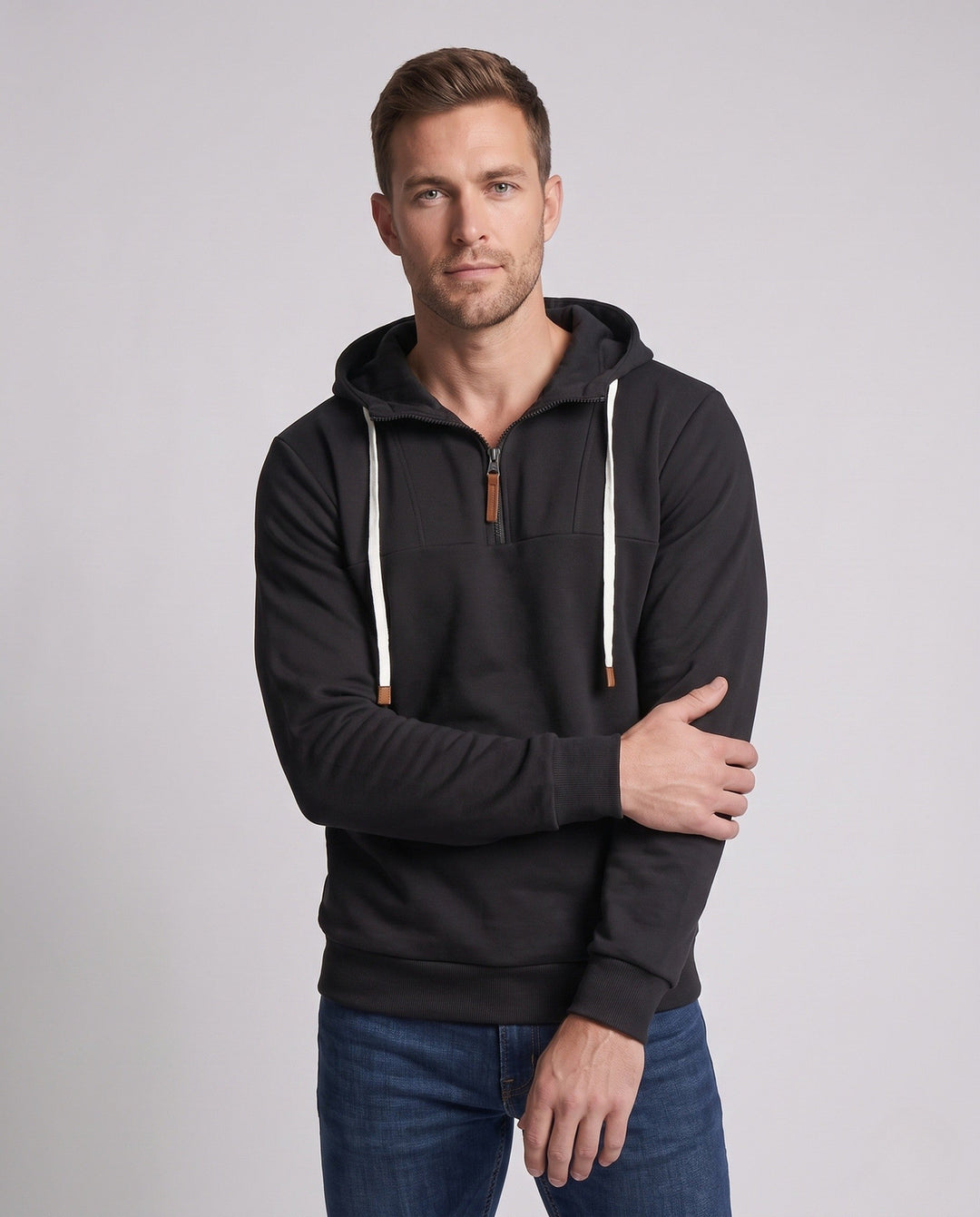 Herren Halbzip-Kapuzenpullover mit Kontrastkordeln und strukturierter Brustnaht Drune