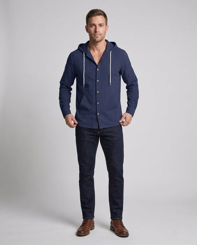 Herren Kapuzen‑Hemdjacke mit Holzknöpfen und Kängurutasche Drune