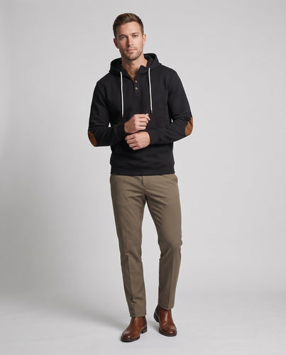 Herren Kapuzenpullover mit Henley-Knopfleiste und Ellbogen-Patches Drune