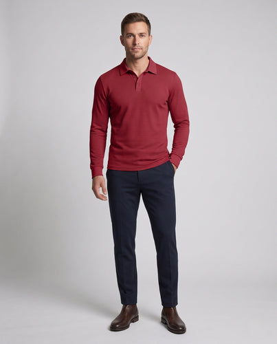 Herren Langarm-Poloshirt aus feinem Waffelstrick mit Knopfleiste und Rippbündchen Drune