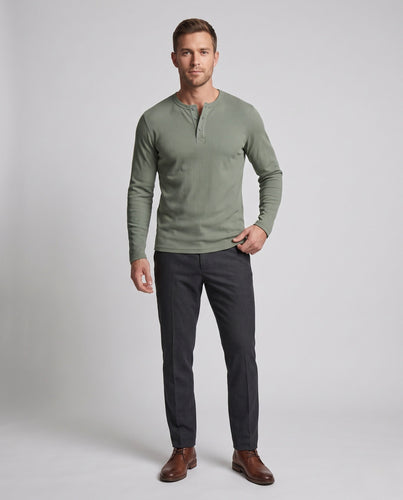 Herren Langärmeliges Henley-Shirt mit feiner Rippstruktur und Knopfleiste Drune