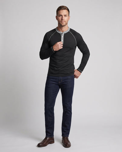 Herren Langarmshirt mit kurzem Knopfverschluss, Stehkragen und Raglanärmeln Drune