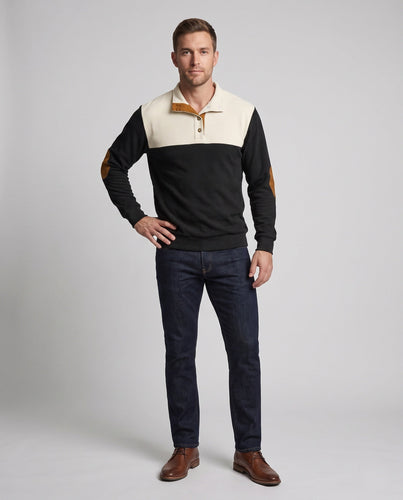 Herren Rippstrick-Henley-Pullover mit Kontrast-Schulterpartie und Ellbogen-Patches Drune