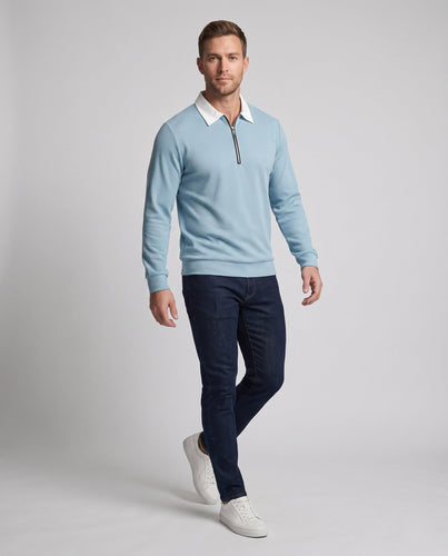 Herren Texturiertes Langarm-Poloshirt im Troyer‑Stil mit Kontrastkragen und Kurzreißverschluss Drune
