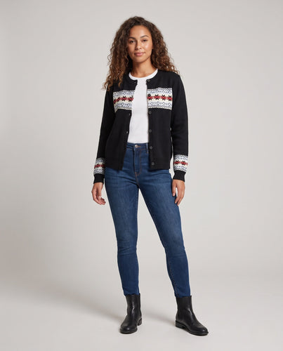 Damen Cardigan mit horizontaler Intarsien‑Bordüre, Rundhals und Knopfleiste Drune