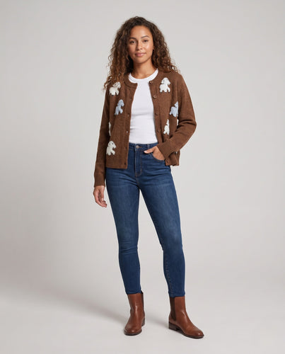 Damen Feinstrick-Cardigan mit 3D-Schafapplikationen und Knopfleiste Drune