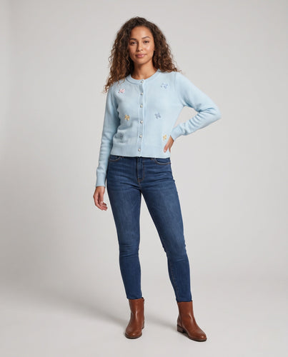 Damen Feinstrick-Kurzcardigan mit Perlmuttknöpfen und zierlichen Schleifenapplikationen Drune