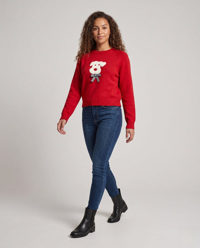 Damen Feinstrick-Pullover mit Hundemotiv und Rundhalsausschnitt Drune