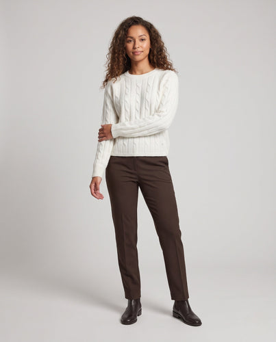 Damen Feinstrick-Pullover mit Zopfstruktur, Rundhalsausschnitt und lässiger Kurzform Drune