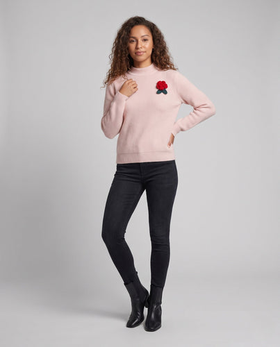 Damen Feinstrickpullover mit Stehkragen, feiner Rippstruktur und gehäkelter Blumenbrosche Drune