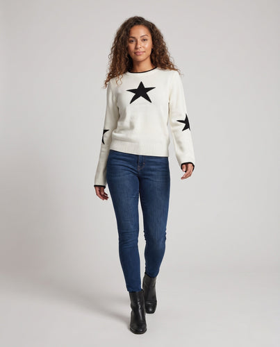 Damen Feinstrickpullover mit Stern‑Jacquard, überschnittener Schulter und elastischem Rippsaum Drune