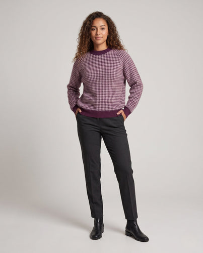 Damen Flauschiger Hahnentritt-Mix Pullover mit Rundhals und gerippten Bündchen Drune