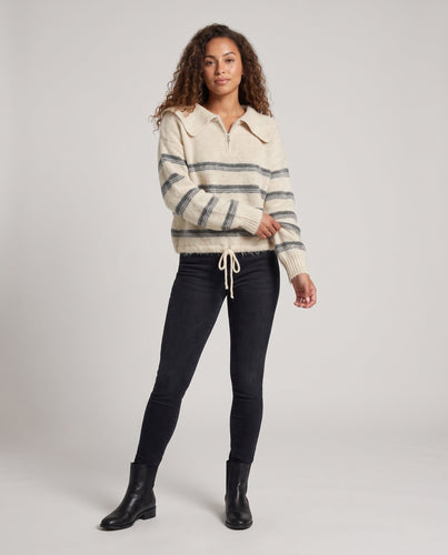 Damen Flauschiger Mohair-Blend Pullover mit übergroßem Matrosenkragen, halbem Reißverschluss und Kordelzug Drune