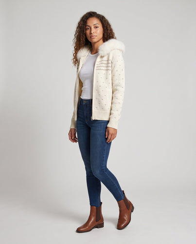 Damen Gefütterte Strickjacke mit Reißverschluss und Kunstfellkapuze Drune