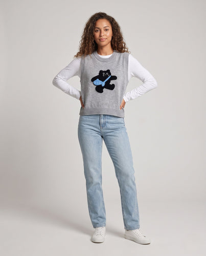Damen Gestrickte ärmellose Weste mit aufgesticktem Katzenmotiv und Rippbündchen Drune