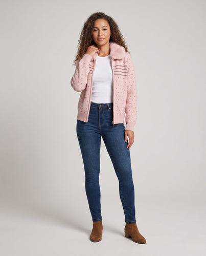 Damen gestrickte Kapuzenjacke mit Kunstpelzbesatz und Reißverschluss Drune