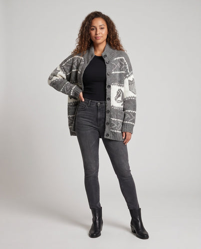 Damen Grobstrick Cardigan mit hohem Kragen und Norwegermuster Drune