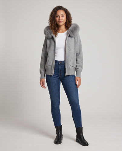Damen Kapuzen-Strickjacke mit Kunstfellbesatz und Reißverschluss Drune