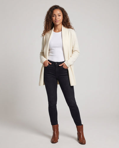 Damen Kragenloser taillierter Strickmantel mit Bindegürtel Drune