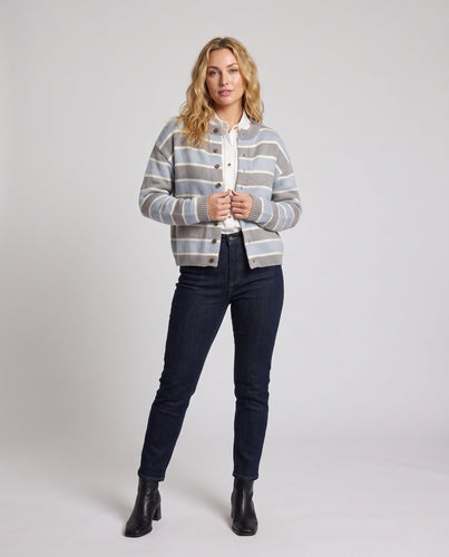 Damen Kurze Feinstrick-Cardigan mit Horizontalstreifen und Knopfleiste Drune