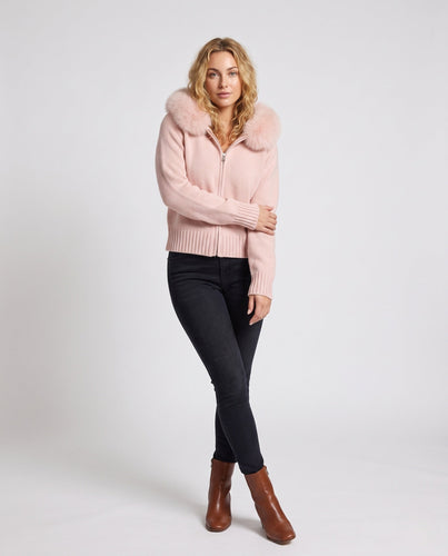 Damen Kurze Wollstrickjacke mit Reißverschluss und abnehmbarem Fellbesatz an der Kapuze Drune