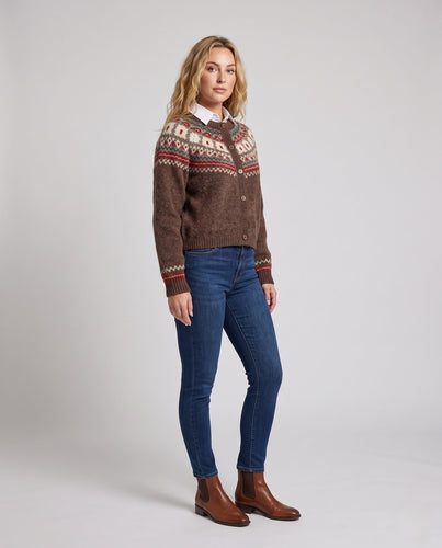 Damen Kurzgeschnittener Fair Isle Strickcardigan mit Rundhalsausschnitt und Holzknopfleiste Drune