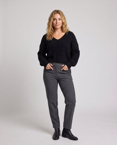 Damen Kurzgeschnittener V-Ausschnitt Strukturstrickpullover mit lockerer Passform Drune