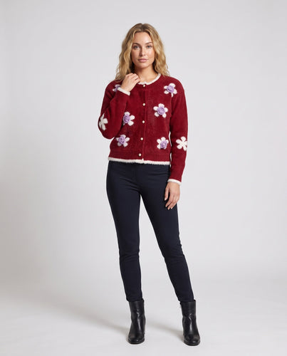 Damen Kuscheliger Strickcardigan mit 3D-Blumenapplikationen und Perlenknopfleiste Drune