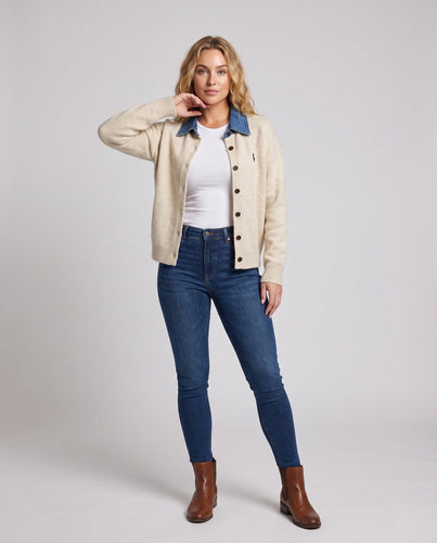Damen Kuscheliger Wollmix-Cardigan mit kontrastierendem Jeanskragen Drune