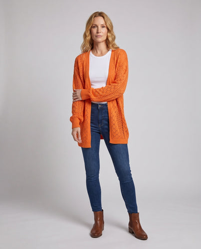 Damen Langer Ajourstrick-Cardigan mit Ballonärmeln und gerippten Bündchen Drune