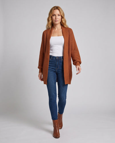 Damen Longline Strickcardigan mit offener Front und breitem Schalkragen Drune