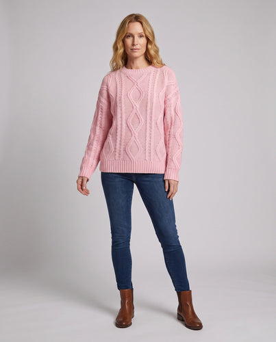 Damen Oversize Aran-Strickpullover mit Diamant-Zopfmuster und geripptem Saum Drune