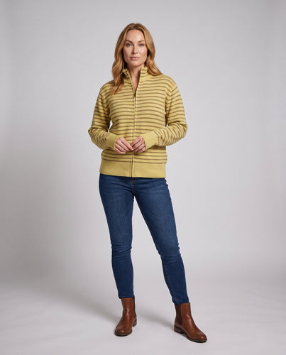 Damen Oversize Reißverschluss-Strickjacke mit Rollkragen und feinen Streifen Drune