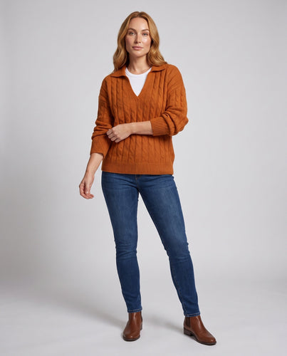 Damen Oversize Rippstrick-Pullover mit V-Ausschnitt und Hemdkragen Drune
