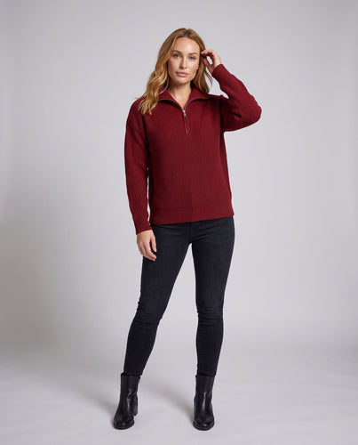 Damen Oversize Rippstrickpullover mit halbem Reißverschluss und Seitenschlitzen Drune