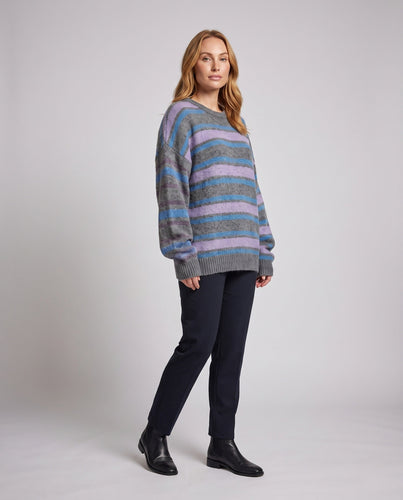 Damen Oversize-Rundhalspullover im Mohair-Look mit mehrfarbigen Streifen Drune