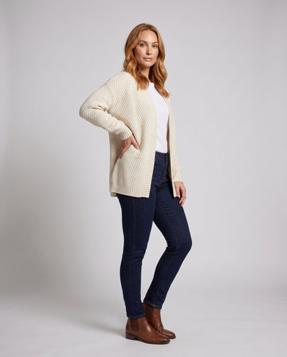Damen Oversize Strickcardigan mit Bouclé‑Optik, offener Front und gerippten Bündchen Drune