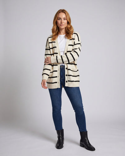 Damen Oversize-Strickcardigan mit breiten Kontraststreifen und aufgesetzten Taschen Drune