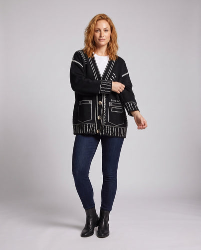 Damen Oversize Strickcardigan mit V-Ausschnitt, kontrastierenden Grafiklinien und aufgesetzten Taschen Drune