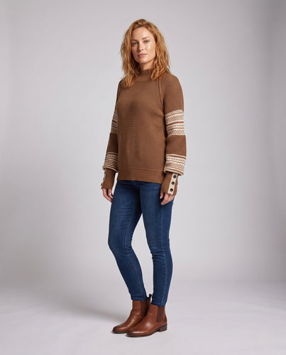 Damen Oversize Waffelstrick-Pullover mit Stehkragen und Zierknopf-Manschetten Drune