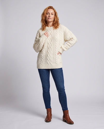Damen Oversize Zopfmuster-Pullover mit Rundhalsausschnitt und Ballonärmeln Drune