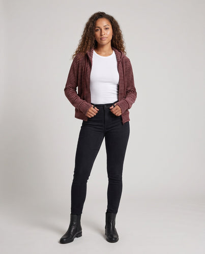 Damen Samtige Kapuzenjacke mit feinem Streifenmuster, Reißverschluss und Kängurutaschen Drune