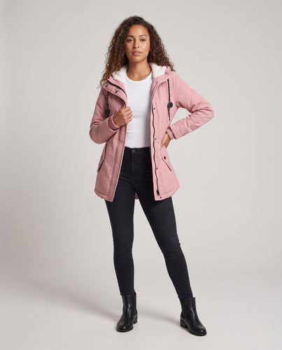 Damen Gefütterter Parka mit Teddyfutter, Kapuze und Tunnelzug Drune