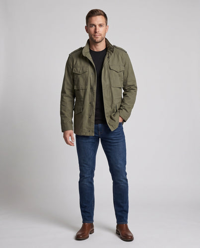 Herren Fieldjacke im Military‑Stil mit Pattentaschen und Schulterklappen Drune